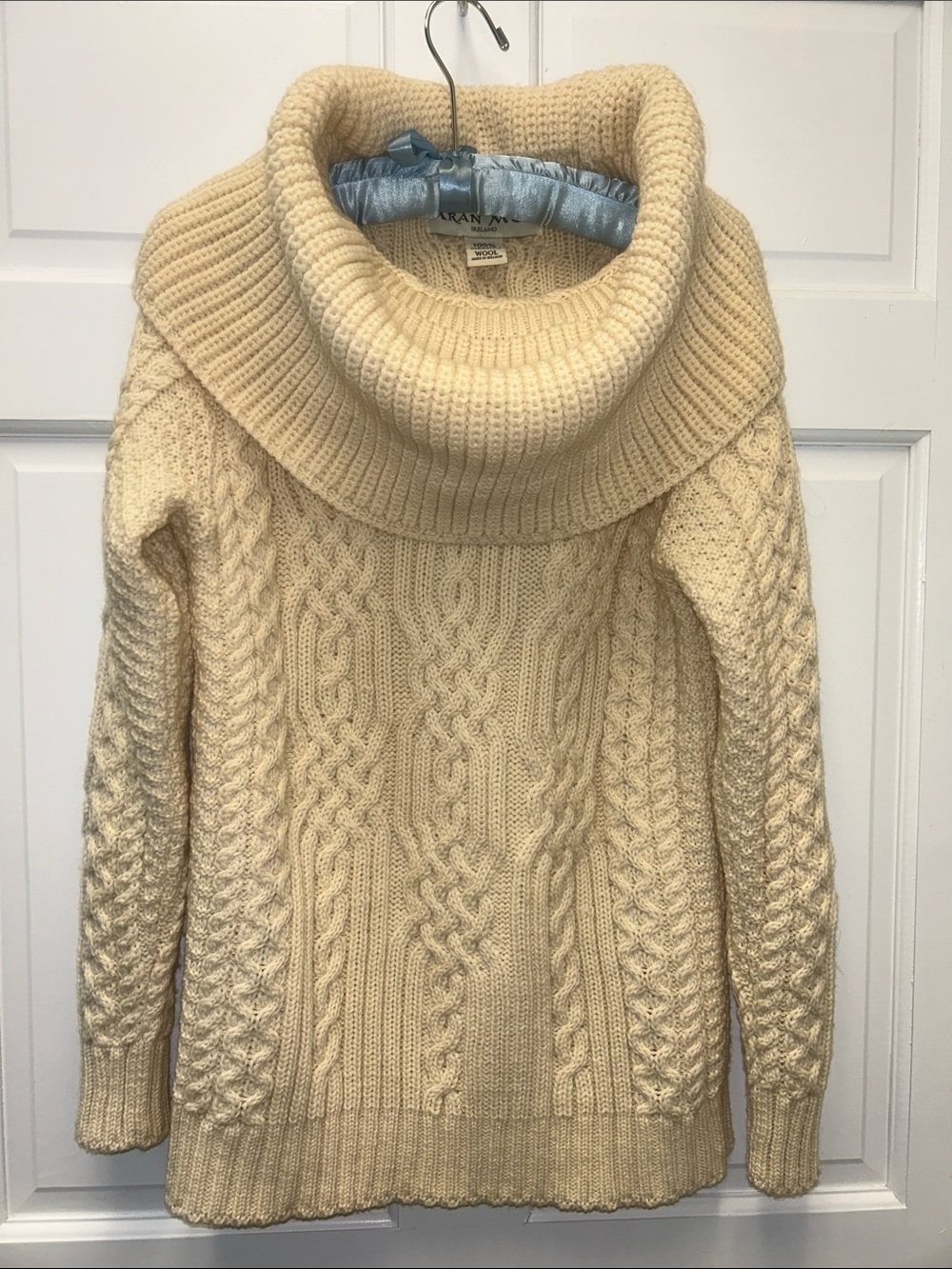 Aran Mor Pure Irish Merino Wool Cowl Neck Cable Knit Cream Sweater Ireland